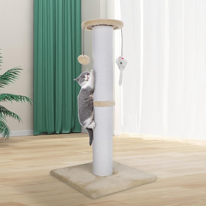 Cat Scratching Post 34 Inches Heavy Duty and Thicker Cat Scratching Post Cotton Rope with Hanging Ball and Mice Scratching Post for Indoor Cats and Adult(Beige)