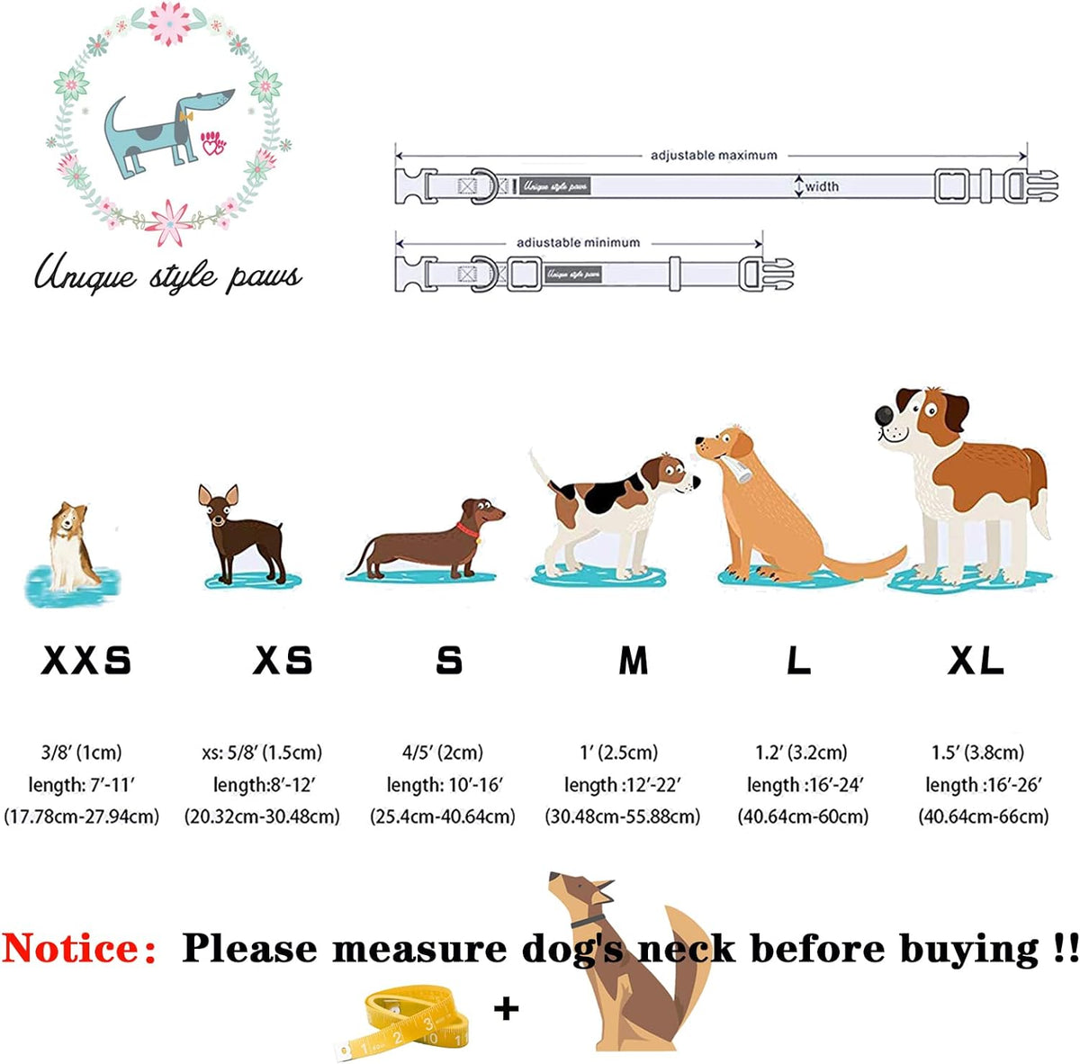 Unique style paws Dog Collar with Flower Tie Christmas Dog Collar for Small Medium Large Dogs with Adjustable Metal Buckle -XL