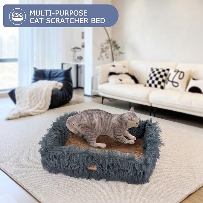 Cat Lounge Scratcher Box with Removable Cardboard (Dark Grey) | High-density Corrugated Cardboard with Double-sided Use, Soft Long Plush, Release Stress and Protect Furniture