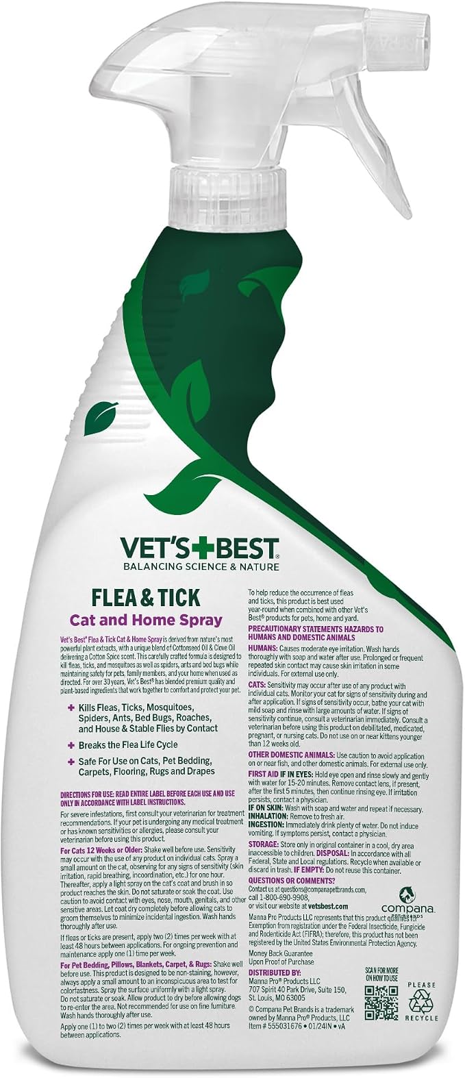 Vet’s Best Flea & Tick Home Spray for Cats – Plant-Based Flea and Tick Treatment with Cotton Spice Scent – Gentle Flea Mist for Indoor Use – Made in USA Natural Cat Flea Control – 32 oz