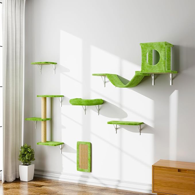 NUNU LAB Wall Mounted Cat Furniture Set - 6 Pcs Climber Set with House, Bridge, Steps, Scratcher Board - DIY Walls Playground, Indoor Cat Shelves - Green