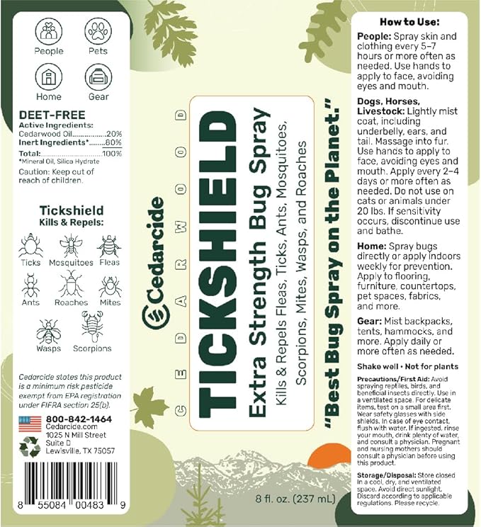 Cedarcide Original & Tickshield Family Pack | Natural Cedar & Lemongrass Oil Bug Spray | Eco-Friendly, Family-Safe Flea & Tick Repellent | Pack of 4, 1oz Spritzers