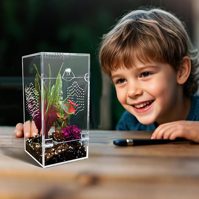 Acrylic Jumping Spider Enclosure, Secure Front Opening Door, 4x4x8 inch, Ventilated Habitat for Tarantulas, Mantis, Hermit Crabs & Small Pets