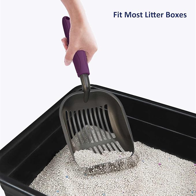 Cat Litter Scoop, Non-Stick Plated Aluminum Alloy Sifter, Kitty Durable Metal Scooper, Deep Shovel, Long Handle, Kitten Pooper Lifter, Size Large, Coated Black Body with Violet Handle