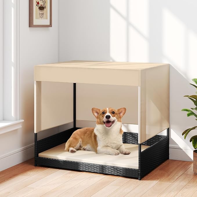 Tangkula Elevated Wicker Dog House for Small to Medium Breeds, Raised Rattan Pet Sofa Bed with Removable Cushion, Canopy Roof, Indoor & Outdoor Puppy Cat Shade Shelter for Patio, Yard, Garden