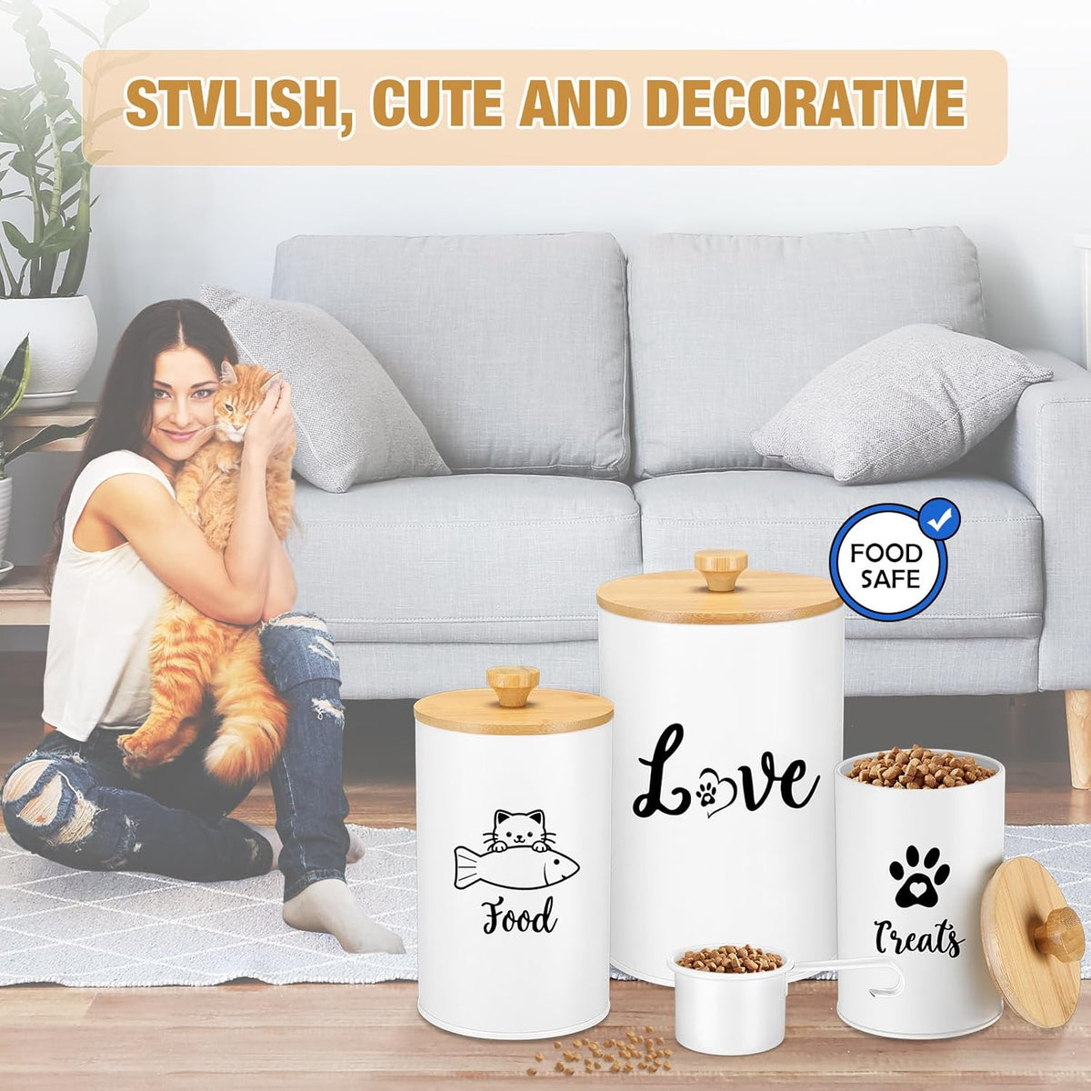 Metal Airtight Cat Treat Container Set of 3 with Bamboo Lids and Spoon Cat Food Storage Container with DIY Labels Pen Pet Cookie Snack Food Storage Organizer Jars for Kitchen Counter(White)