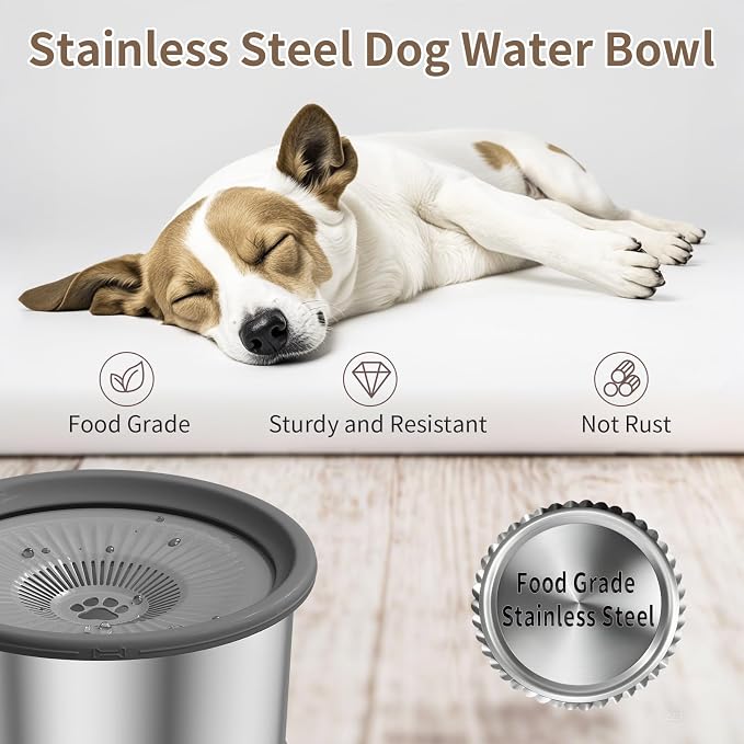 4.5L Dog Water Bowl No Spill 1.2 Gallon Stainless Steel Water Bowl for Dogs 150oz No Mess Slow Water Feeder with Anti-Slip Mat for Messy Drinkers 4.5L+2 Filters