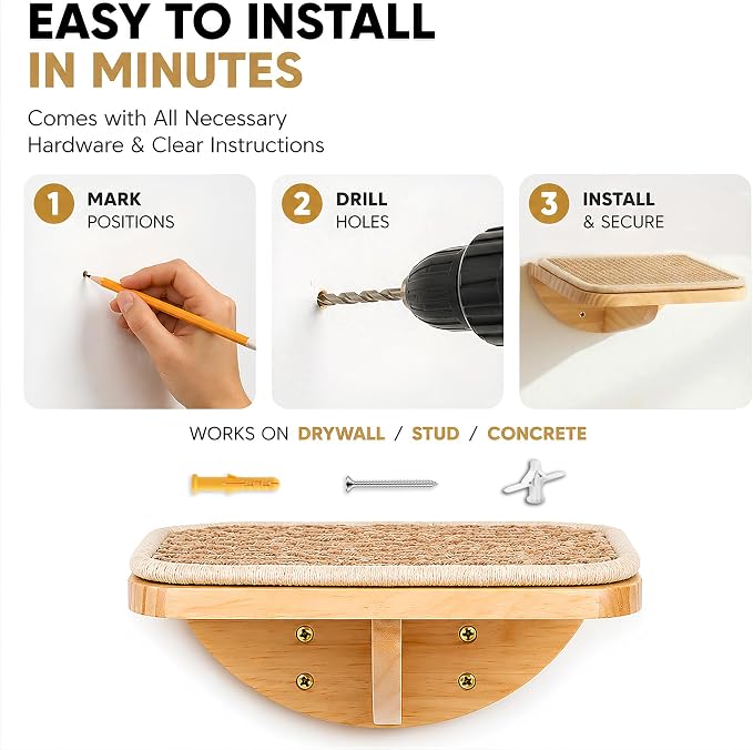Wall Mounted Cat Steps 2 Pack – Square Wood Cats Shelves with Sisal Mat for Climbing, Jumping & Resting