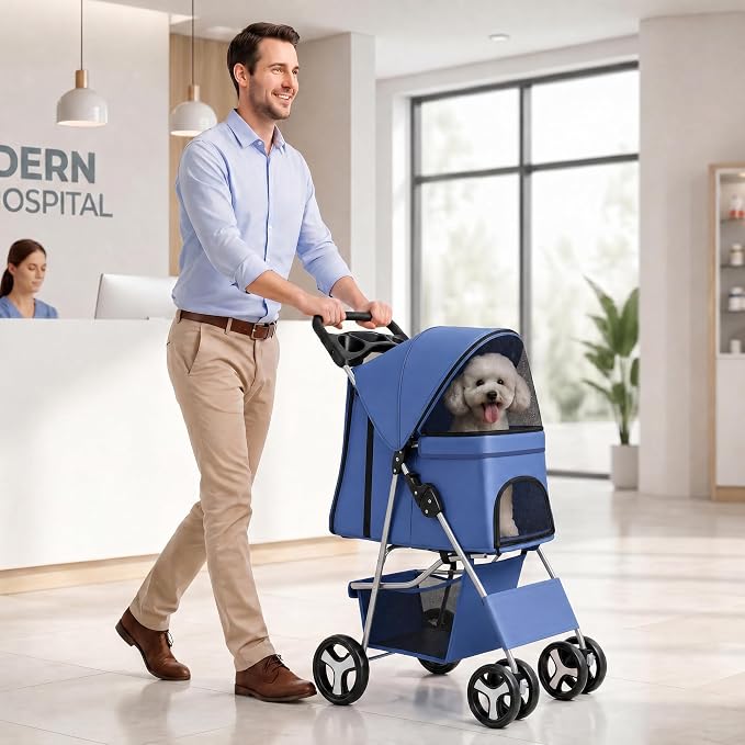 ZENY Foldable Pet Stroller, Cat/Dog Stroller with 4 Wheel, Pet Travel Carrier Strolling Cart with Storage Basket, Cup Holder (Navy Blue)