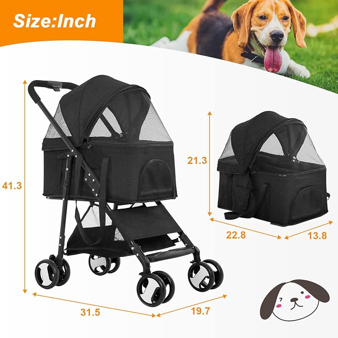 BestPet Pet Dog Stroller with Premium 3-in-1 Multifunction & Detachable Carrier for Folding Lightweight Cat Travel Stroller,Black