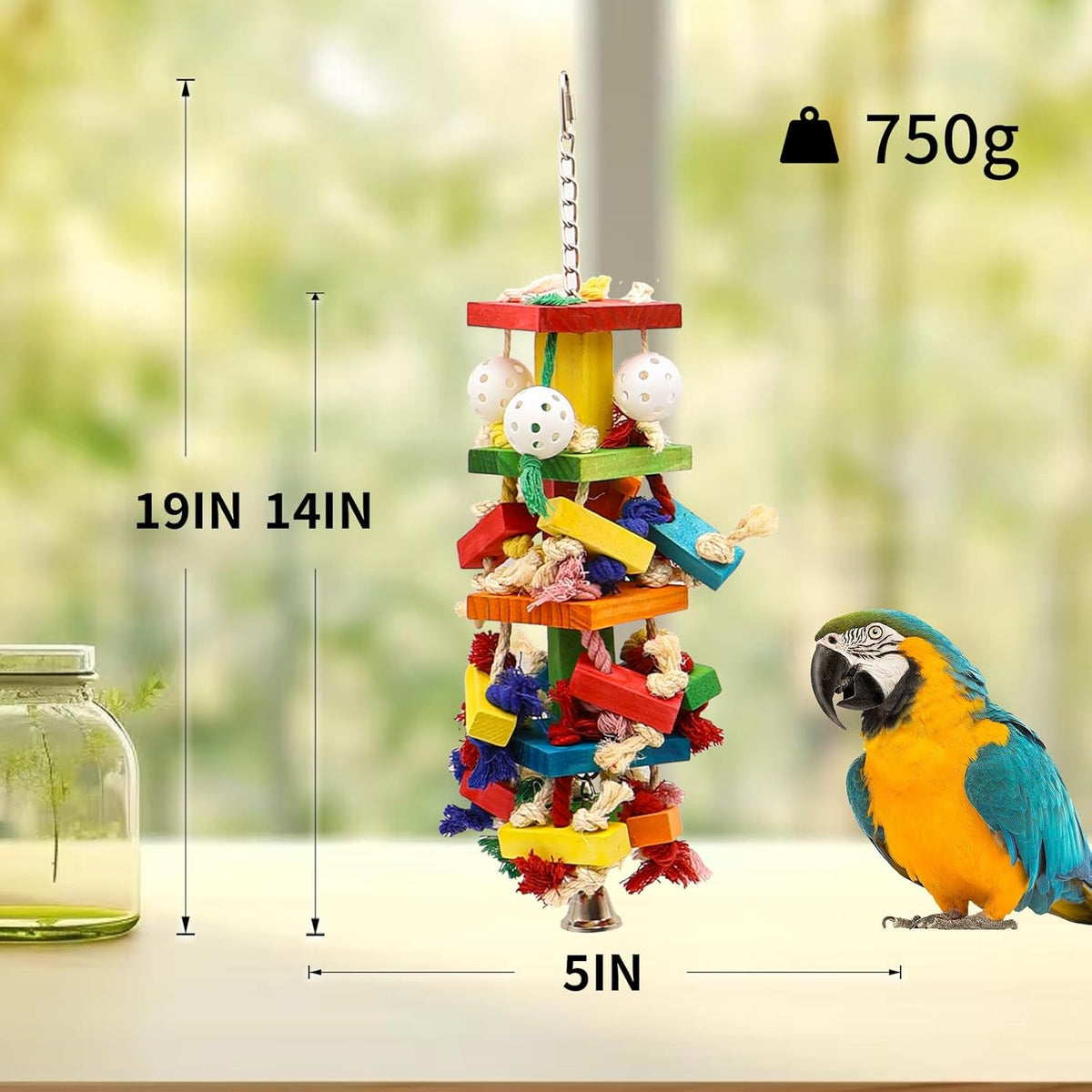 Interactive Parrot Toys for Large Birds, Cockatoo, Cockatiel, and Parakeet Toys, Original Wooden and Natural Material, Fun Durable and Eco-Friendly Bird Cage Toy
