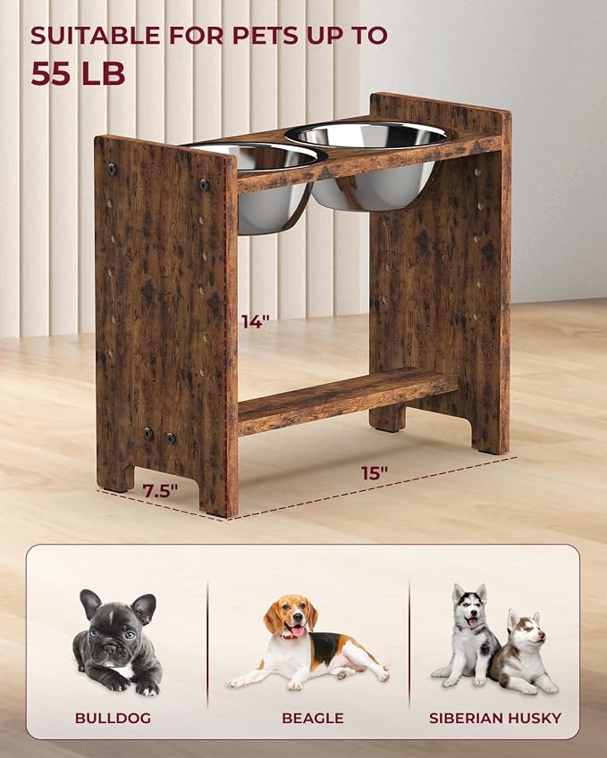 Elevated Dog Bowls, Adjustable Bowl Stand Medium, Rustic Brown | Particle Board Raised Dog Bowl Stand with 2 Stainless Steel Bowls for Medium Dogs