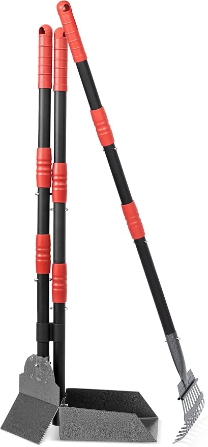 Dog Pooper Scooper, Dog Poop Tray and Rake Set with Long Stainless Handles | Pet Waste Removal Scoop with Adjustable Sectional Handles