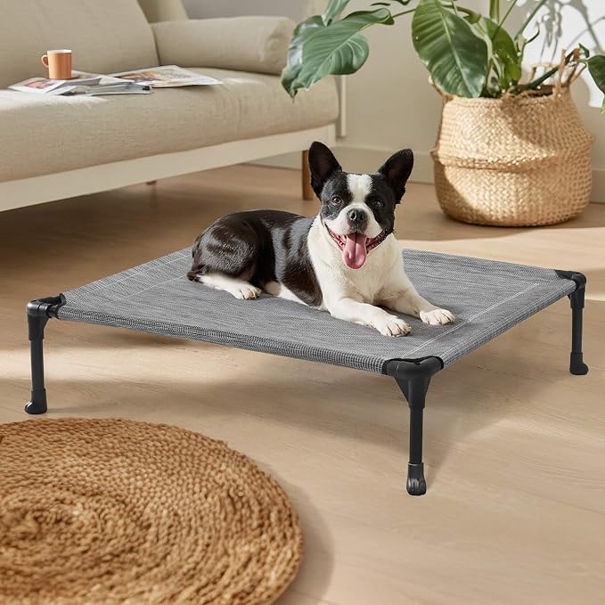 Veehoo Outdoor Elevated Dog Bed for Medium Dogs, Cooling Raised Dog Cots | Off-ground training platform, portable camping hammock, breathable mesh, easy to clean, no-tool setup, 32"x25", Black Silver