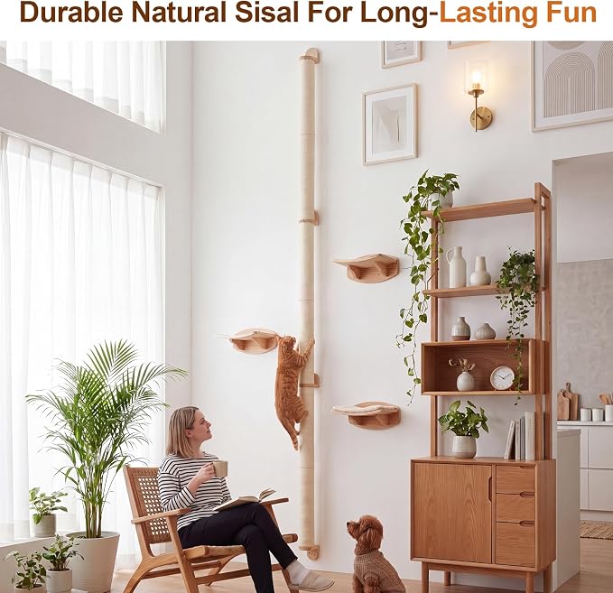 84" Tall Wall Mounted Cat Scratcher Post, Cat Wall Shelves Furniture, 6 Pcs 14 Inch Sisal Climbing Poles with 5 Brackets, Kitten Modular Scratch Tower, Space Saving Pet Supplies