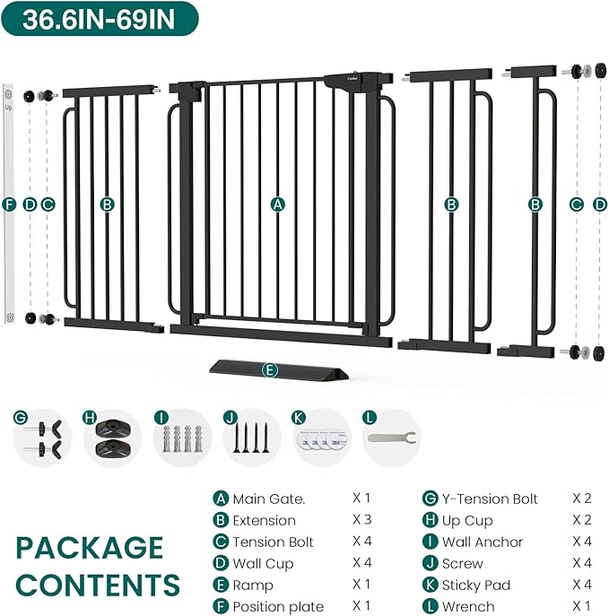 Cumbor Extra Wide Baby Gate, 36.6-69" Walk-Through Dog Gate for Stairs, Doorways & Hallways, 30.5“ Tall, Auto-Close & Dual-Swing Safety Child Gate Indoor, Easy Install Pressure-Mounted Pet Gate, Black