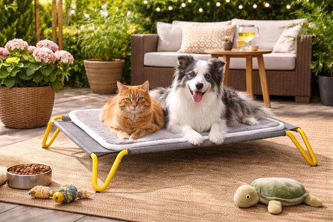 Elevated Dog Bed with Removable Cushion, Cooling Raised Pet Cot, Breathable Mesh Dog Bed, Washable Soft Mat, Durable Metal Frame, Indoor Outdoor Raised Pet Bed for Small Medium Dogs