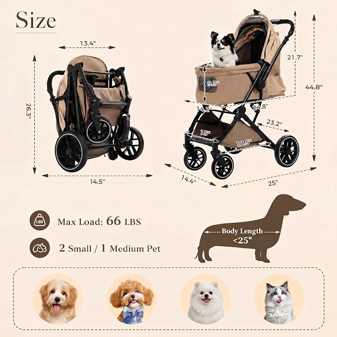 MUTTROS Dog Stroller, Pet Stroller for Small Medium Dogs & Cats Up to 66lbs, One Click Folding, Large Cat Stroller w/All Terrain Shock Absorbing Wheels, Reversible Handle, Multiple Pockets, Khaki