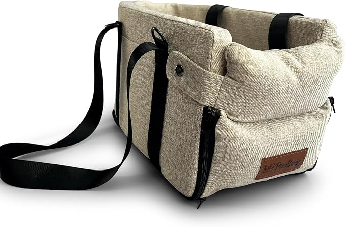 Center Console Dog Car Seat for Small Dogs and Puppies 5-13Lbs, Ideal Armrest Booster Car Travel Seat with Safety Protection Seat Belts, Storage Pockets - Reduces Anxiety (Woven - Beige)