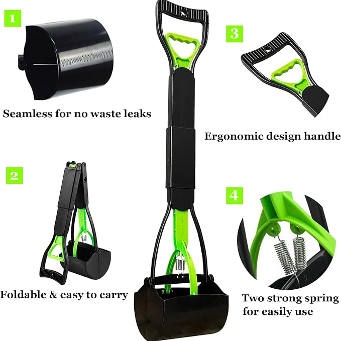 Pooper Scooper 2 Pack with 20 Litre Step Dog Poop Trash Can, 28" Long Handle Dog Poop Scoopers for Large Small Dogs Heavy Duty, Removable Inner Bucket for Outdoors, 50 Waste Bags Included (Green)