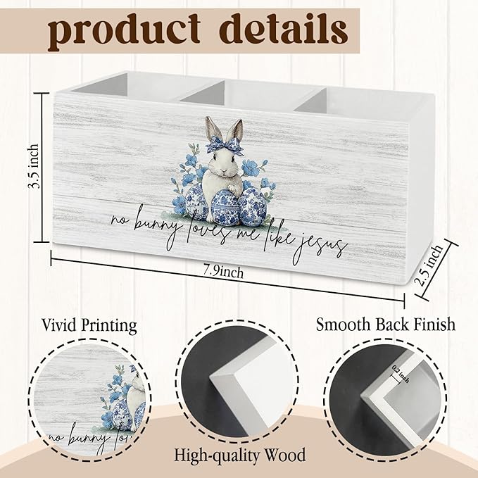 Easter Bunny Decor, Chinoiserie Christian Easter Bunny Pen Pencil Holder Organizer for Desk Accessories, Blue and White Floral Rabbit Wooden Box Sign Desk Decor for Home Office Decoration