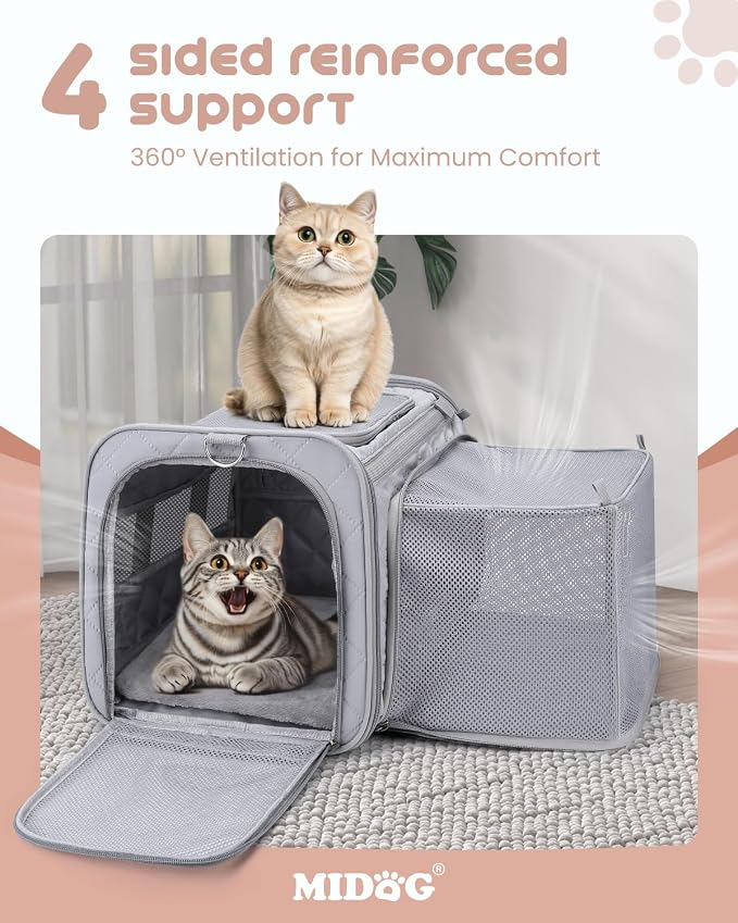 MIDOG Cat Carrier Soft for Small-Medium Cats Up to 15lbs, Airline Approved | Expandable Square Design,Comfort & Breathable Window,Equipped with anti-slip lock zippers and an internal safety leash