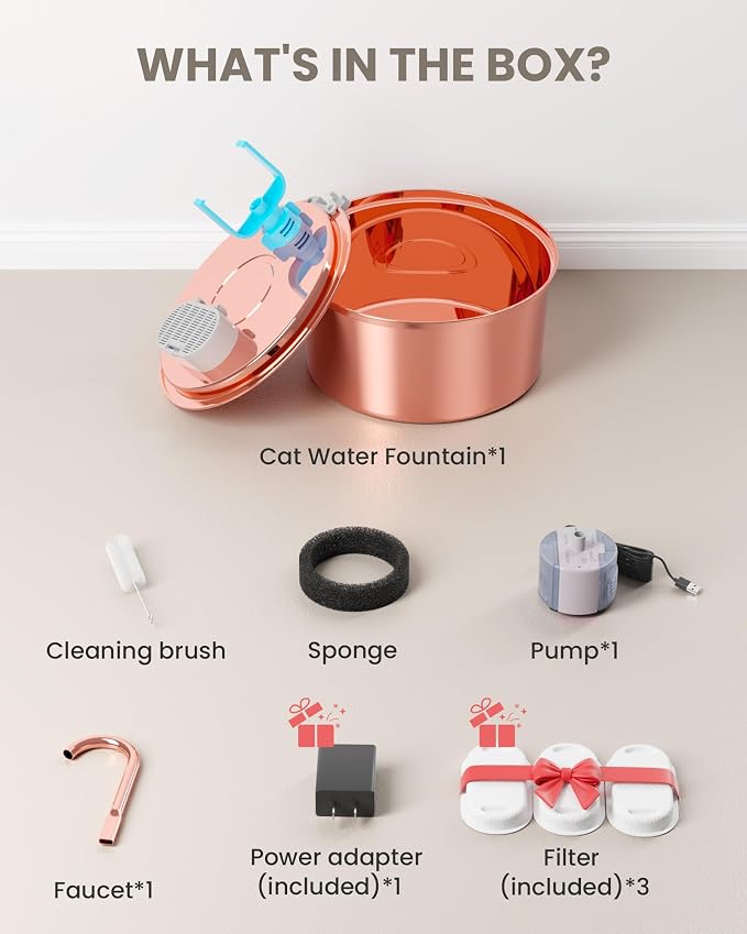 Tomxcute Copper Cat Water Fountain, 108oz/3.2L Large Capacity, Ultra-Quiet Pump (≤25dB), Multi-Layer Filtration, Easy Hand-Wash Design for Cats & Small Dogs