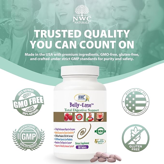 NWC Naturals Belly-Ease Healthy Digestive Enzymes Plus Prebiotics & Probiotics, Essential Enzymes, Vegetarian, Better Digestion, Full Spectrum Digestive Solution - 180 Count Chewable Tablets