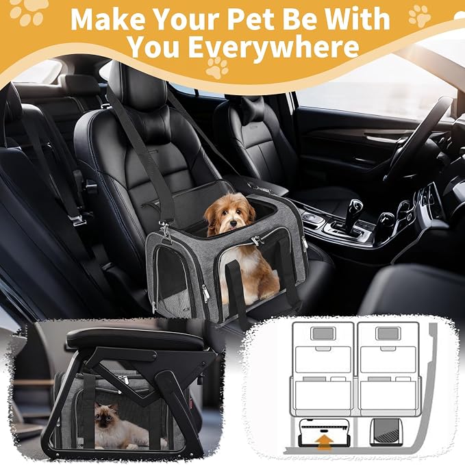Soft-Sided Cat/Dog/Pet Carrier, Collapsible Pets Travel Carriers for Big Cats/Small Dogs with Shoulder Strap & Removable Mat, Mesh Puppy Carry Bag, Up to 25 Lbs (Dark Grey)