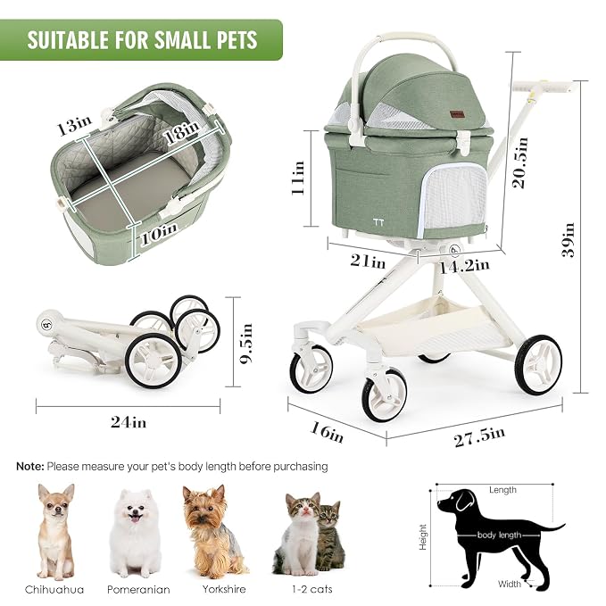TT Pet Stroller for Small Dogs & Cats (Green) | Detachable Carrier, Aluminum Alloy Frame, Adjustable Handle, Easy Assembly, One-Touch Braking, Larger Rear Wheels