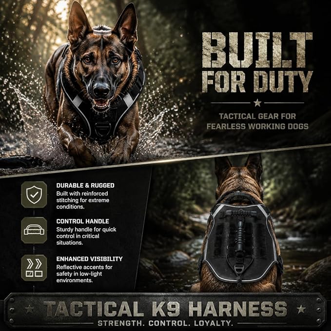 No Pull Tactical Dog Harness with Handles and Loop Panel,Tactical Dog Vest with Molle System, Adjustable Reflective Pet Vest for Walking Hiking Training Black XL