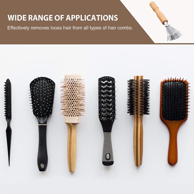 Boao Hair Brush Cleaner, 2 Pieces Mini Hair Dirt Remover Brush with Metal Wire Rake, Wooden Handle for Home and Salon Use(Handle with Groove) | Hair Brush Cleaner Tool,Comb Rake Cleaning Kit, Removes Hair Lint Dirt, Grooved Grip Handle, Salon Home Use