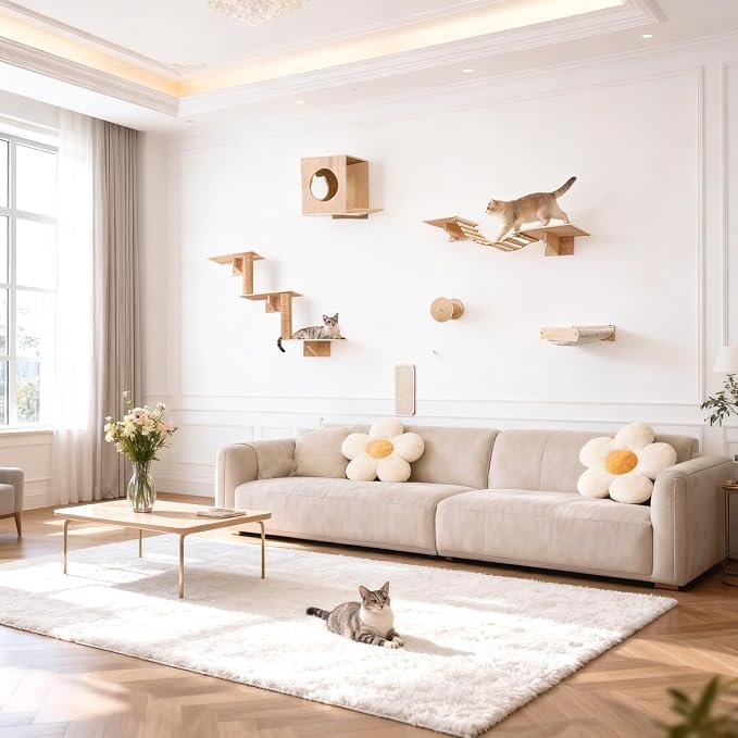 6 in 1 Solid Wood Cat Wall Shelves for Play & Rest, up to 33 lbs | Space-Saving, Cat Wall Furniture Set with Cat Bridge, Wall Condo, Hammock, Steps, Climbing Post & Scratching Pad