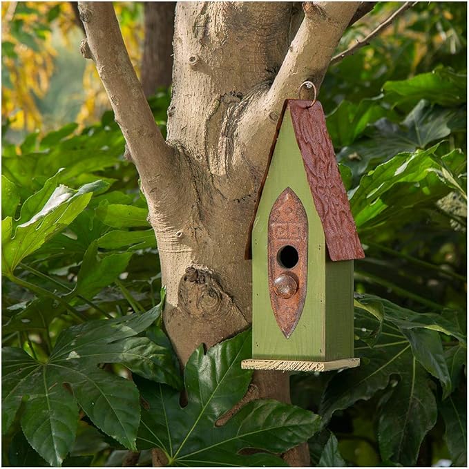 Glitzhome Bird Houses for Outside, 13.25" H Distressed Green Solid Wood Bird House Pet Cottage Hand Painted Hanging Bird House for Outdoors