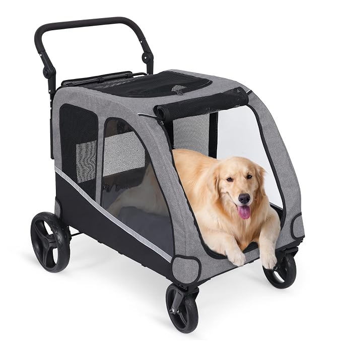 Saudism Dog Stroller for Large & Medium Dogs, Extra Large Pet Stroller, Dog Wagon for 2 Dogs, Foldable Design, Adjustable Handle, with Pocket, Up to 130 lbs