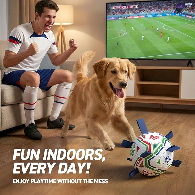 QDAN World Cup Soccer Ball for Dog, 8 Inch Dog Balls with Straps for Interactive, Tug and Training, Indoor Outdoor Toys for Medium & Large Dogs, 2026 Herding Ball