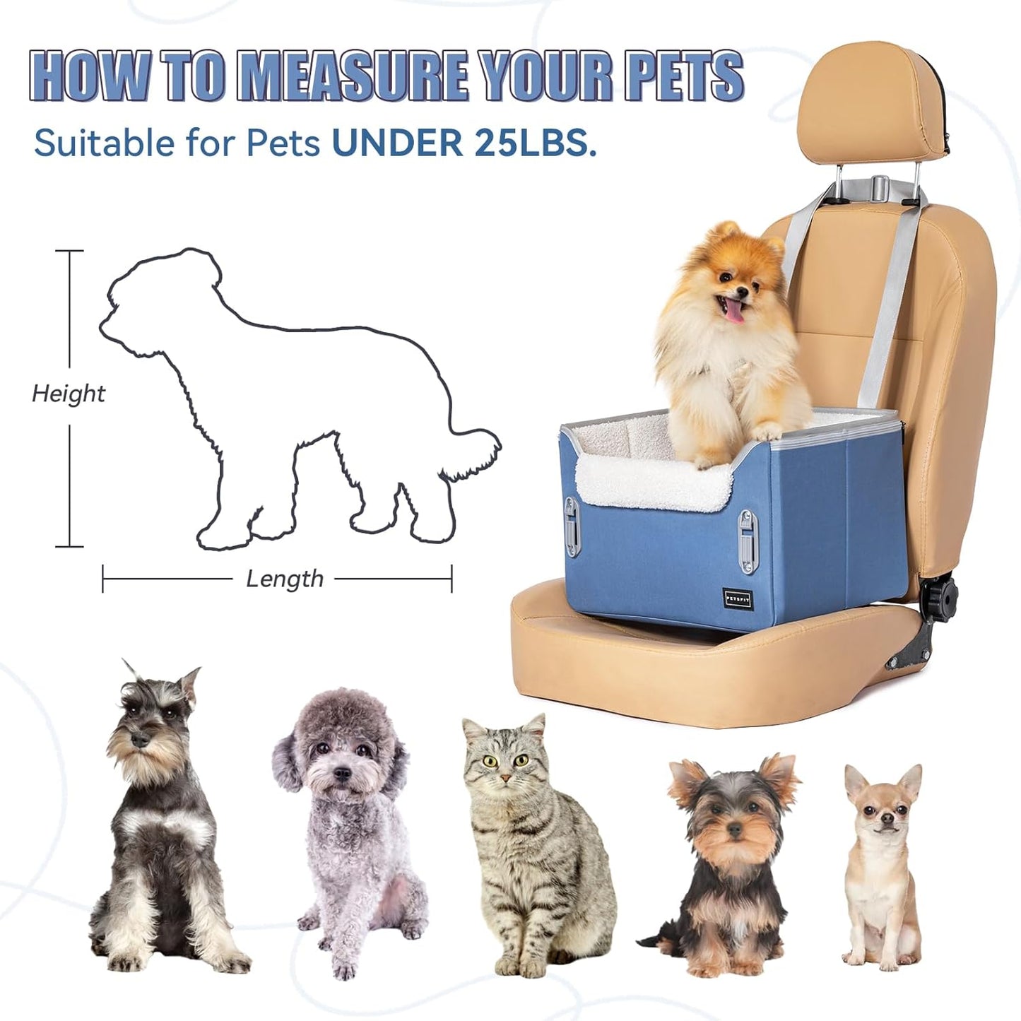 PETSFIT Small Dog Car Seat, Patent Safe Buckles Dog Booster Car Seat, Puppy Car Seat with Safety Belt, Suitable for Small Pets Up to 25lbs (Navy Blue)