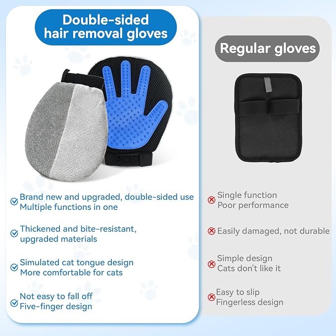 Pet Hair Removal Glove for Dogs & Cats, 2-in-1 Dual-Sided Electrostatic Pet Hair Remover with Silicone Grooming Brush, Reusable for Furniture, Clothes, Couch, Carpet & Car Seat
