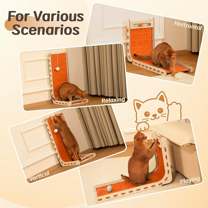 Cat Scratcher with Bell Ball Cat Scratch Pad L-Shaped Scratch Mat Vertical Cat Scratching Board for Indoor Cats Felt Cats Scratching Post Furniture Protector Kittens Cratchers Toys- Orange
