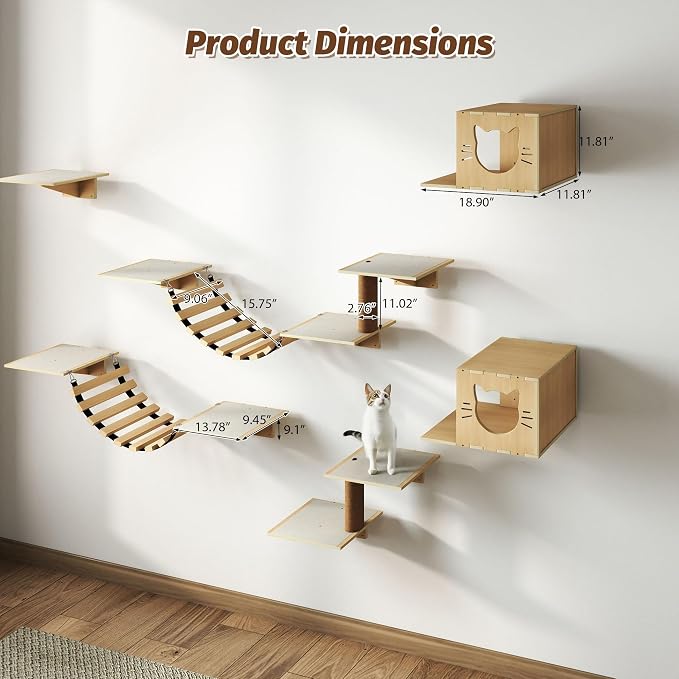 NYEEKOY Cat Wall Shelves, Wood 8-in-1 Cat Wall Furniture Set, Large Cat Shelves for Wall with Scratching Post, Cat Climbing Wall Activity Center for Climb, Play, Rest, and Scratch, Natural Wood