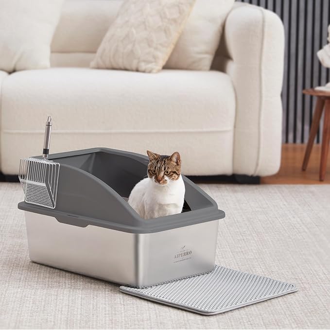 AIPERRO Stainless Steel Litter Box | XXL Deepened 8" Design Enclosed Box with Lid for Big Cats | High Sided, Anti-Urine Leakage | Non-Stick Bottom & Includes Litter Mat & Metal Scoop