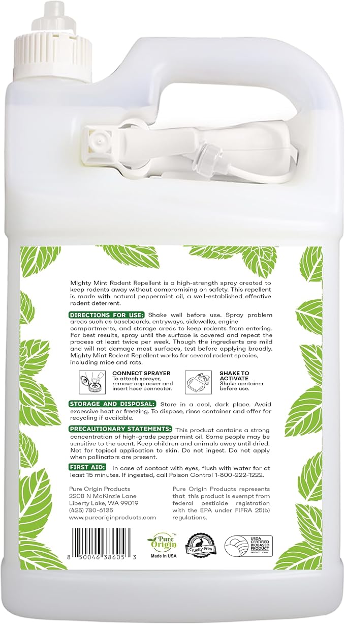 Mighty Mint Peppermint Oil Rodent Repellent Spray with Microfiber Cloth – Natural Indoor & Outdoor Control for Mice and Rats – Plant-Based, Extra-Strong Formula - 1 Gallon (128 oz)