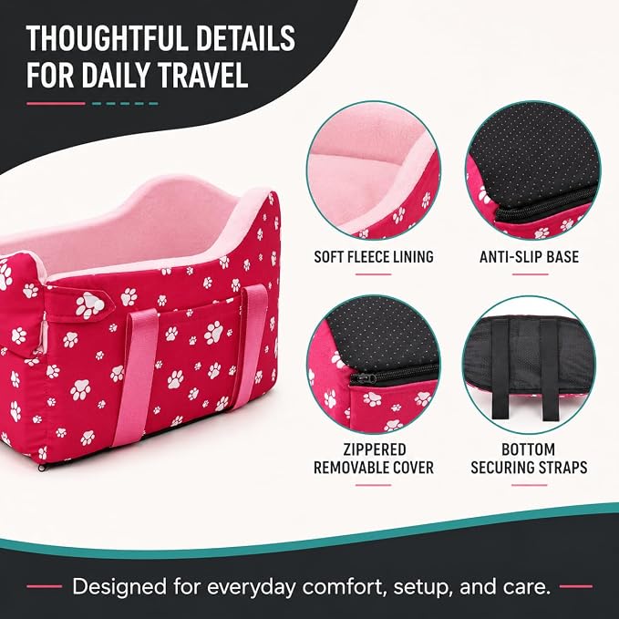 Center Console Dog Car Seat for Small Dogs Under 15 lbs - Detachable Washable Carrier with Safety Belt & Storage Pockets, Pink