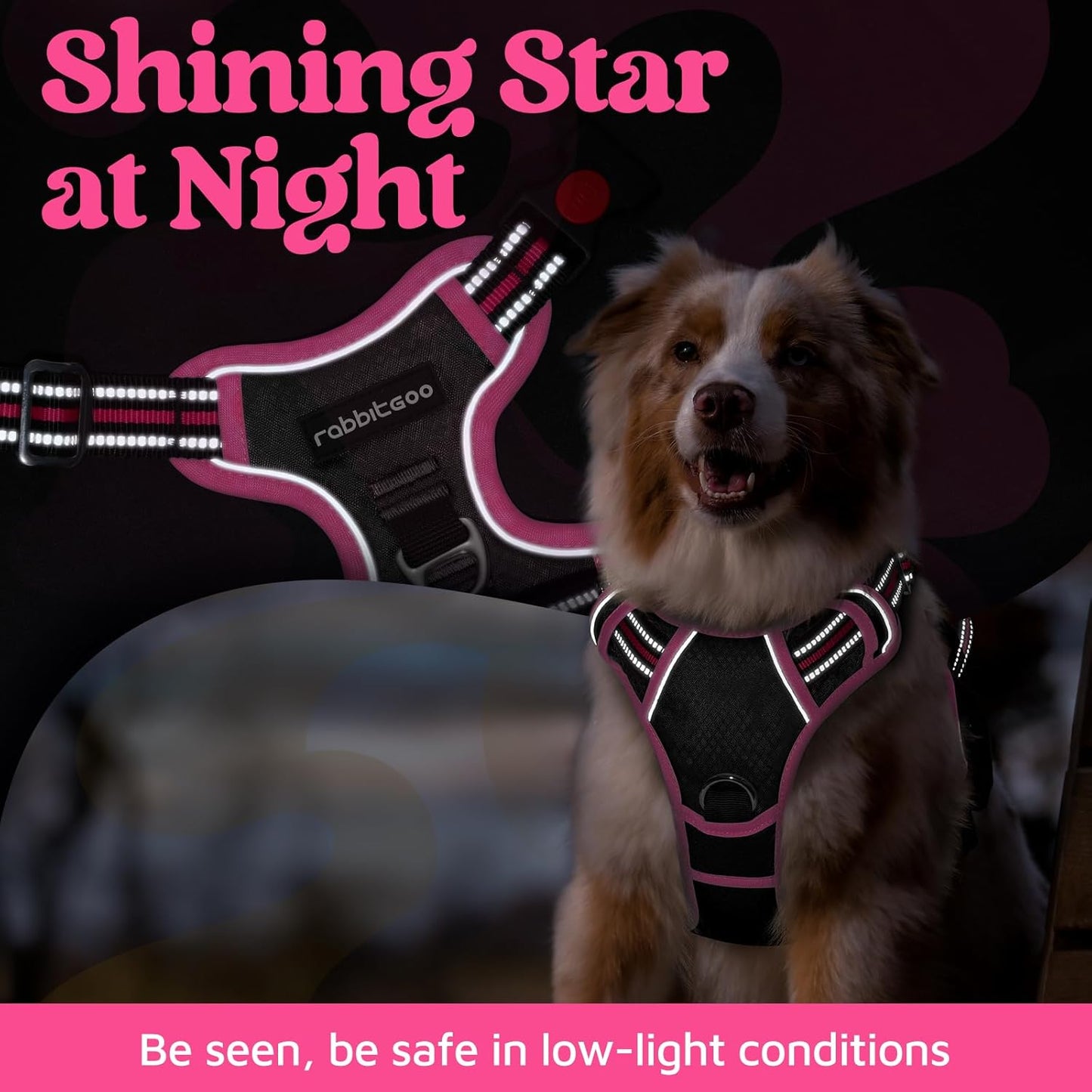 rabbitgoo Dog Harness for Large Dogs, No Pull Pet Vest with 3 Buckles, Adjustable Soft Padded Pet Harness with Easy Control Handle and Reflective Strips, Black & Rose Pink, L