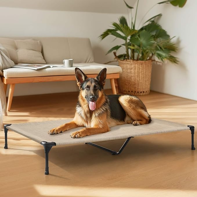 Veehoo Outdoor Elevated Dog Bed Large Sized Dogs, Cooling Raised Dog Cots | Off-ground training platform, portable camping hammock, breathable mesh, easy to clean, no-tool setup, 49"x33", Beige Coffee