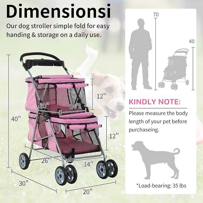 Dog Stroller 4 Wheels Cat Stroller Double Layer Pet Strollers Pet Carriers Jogger Strollers for Medium Dogs Cats Travel Camping Strolling Cart with Cup Holder Removable Liner, Pink