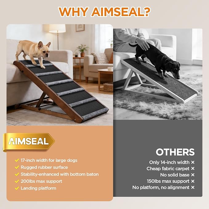 Dog Ramp for Bed, Extra Wide 17", Non-Slip Rubber Surface, Adjustable Folding Pet Ramps for Small & Large Dogs up to 200lbs, Walnut Wood Stairs for Old Dachshund/Labrador to Get on High Couch or Car