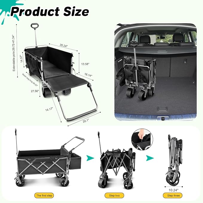 Folding Large Dog Wagon Cart for Senior, Injured & Arthritic Dogs | Heavy Duty Utility Large Dog Stroller Cart Up to 220LBS, All-Terrain, Tailgate, Adjustable Handle, Thick Mat, Storage Baskets