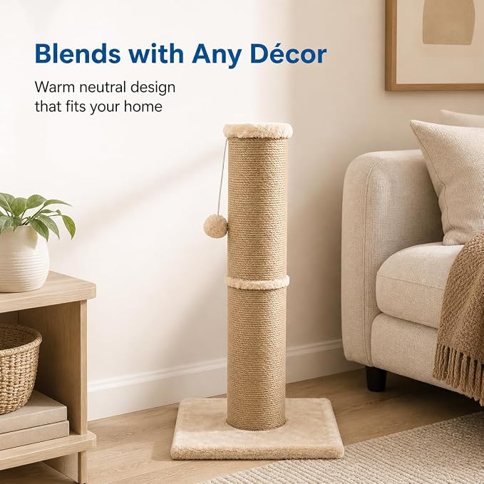 Sisal Cat Scratching Post for Indoor Cats & Kittens, 5.5" Diameter Heavy Duty Vertical Scratcher, 32 Inch Extra Tall Furniture Protector with Stable Base, Yellow