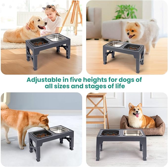 Elevated Dog Bowls, with Slow Feeder Bowl and Stainless Steel Dog Food Bowl, Raised Dog Bowls Adjusts to 5 Heights (3.15", 8.66", 9.84",11.02", 12.2") for Small Medium and Large Dogs